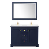 Wyndham WCV232348DBLWCUNSM46 Avery 48 Inch Double Bathroom Vanity in Dark Blue, White Cultured Marble Countertop, Undermount Square Sinks, 46 Inch Mirror
