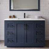 Wyndham WCF292948SBBC2UNSM46 Miranda 48 Inch Single Bathroom Vanity in Dark Blue, Light-Vein Carrara Cultured Marble Countertop, Undermount Square Sink, Matte Black Trim, 46 Inch Mirror