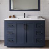 Wyndham WCF292948SBBWCUNSM46 Miranda 48 Inch Single Bathroom Vanity in Dark Blue, White Cultured Marble Countertop, Undermount Square Sink, Matte Black Trim, 46 Inch Mirror