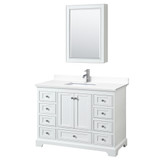 Wyndham WCS202048SWHWCUNSMED Deborah 48 Inch Single Bathroom Vanity in White, White Cultured Marble Countertop, Undermount Square Sink, Medicine Cabinet