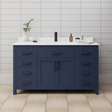 Wyndham WCG242460SBBWCUNSMXX Beckett 60 Inch Single Bathroom Vanity in Dark Blue, White Cultured Marble Countertop, Undermount Square Sink, Matte Black Trim