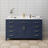 Wyndham WCG242460SBLWCUNSMXX Beckett 60 Inch Single Bathroom Vanity in Dark Blue, White Cultured Marble Countertop, Undermount Square Sink, No Mirror