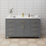 Wyndham WCG242460SGGWCUNSMXX Beckett 60 Inch Single Bathroom Vanity in Dark Gray, White Cultured Marble Countertop, Undermount Square Sink, Brushed Gold Trim