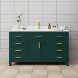Wyndham WCG242460SGDWCUNSMXX Beckett 60 Inch Single Bathroom Vanity in Green, White Cultured Marble Countertop, Undermount Square Sink, Brushed Gold Trim