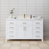 Wyndham WCG242460SWGCCUNSMXX Beckett 60 Inch Single Bathroom Vanity in White, Carrara Cultured Marble Countertop, Undermount Square Sink, Brushed Gold Trim