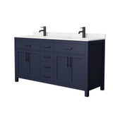 Wyndham WCG242466DBBCCUNSMXX Beckett 66 Inch Double Bathroom Vanity in Dark Blue, Carrara Cultured Marble Countertop, Undermount Square Sinks, Matte Black Trim