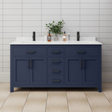 Wyndham WCG242466DBBCCUNSMXX Beckett 66 Inch Double Bathroom Vanity in Dark Blue, Carrara Cultured Marble Countertop, Undermount Square Sinks, Matte Black Trim