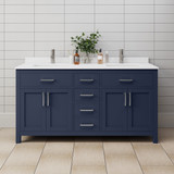Wyndham WCG242466DBNWCUNSMXX Beckett 66 Inch Double Bathroom Vanity in Dark Blue, White Cultured Marble Countertop, Undermount Square Sinks, Brushed Nickel Trim