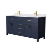 Wyndham WCG242466DBLWCUNSMXX Beckett 66 Inch Double Bathroom Vanity in Dark Blue, White Cultured Marble Countertop, Undermount Square Sinks, No Mirror