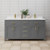 Wyndham WCG242466DGGCCUNSMXX Beckett 66 Inch Double Bathroom Vanity in Dark Gray, Carrara Cultured Marble Countertop, Undermount Square Sinks, Brushed Gold Trim