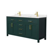 Wyndham WCG242466DGDCCUNSMXX Beckett 66 Inch Double Bathroom Vanity in Green, Carrara Cultured Marble Countertop, Undermount Square Sinks, Brushed Gold Trim