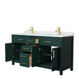 Wyndham WCG242466DGDWCUNSMXX Beckett 66 Inch Double Bathroom Vanity in Green, White Cultured Marble Countertop, Undermount Square Sinks, Brushed Gold Trim