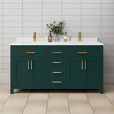 Wyndham WCG242466DGDWCUNSMXX Beckett 66 Inch Double Bathroom Vanity in Green, White Cultured Marble Countertop, Undermount Square Sinks, Brushed Gold Trim