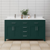 Wyndham WCG242466DGEWCUNSMXX Beckett 66 Inch Double Bathroom Vanity in Green, White Cultured Marble Countertop, Undermount Square Sinks, Brushed Nickel Trim