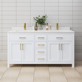 Wyndham WCG242466DWGCCUNSMXX Beckett 66 Inch Double Bathroom Vanity in White, Carrara Cultured Marble Countertop, Undermount Square Sinks, Brushed Gold Trim