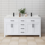 Wyndham WCG242466DWBCCUNSMXX Beckett 66 Inch Double Bathroom Vanity in White, Carrara Cultured Marble Countertop, Undermount Square Sinks, Matte Black Trim