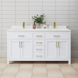 Wyndham WCG242466DWGWCUNSMXX Beckett 66 Inch Double Bathroom Vanity in White, White Cultured Marble Countertop, Undermount Square Sinks, Brushed Gold Trim