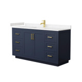 Wyndham WCF292960SBLC2UNSMXX Miranda 60 Inch Single Bathroom Vanity in Dark Blue, Light-Vein Carrara Cultured Marble Countertop, Undermount Square Sink, Brushed Gold Trim