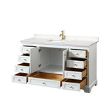 Wyndham WCS202060SWGC2UNSMXX Deborah 60 Inch Single Bathroom Vanity in White, Carrara Cultured Marble Countertop, Undermount Square Sink, Brushed Gold Trim, No Mirror