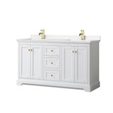 Wyndham WCV232360DWGC2UNSMXX Avery 60 Inch Double Bathroom Vanity in White, Light-Vein Carrara Cultured Marble Countertop, Undermount Square Sinks, Brushed Gold Trim