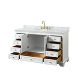 Wyndham WCS202060SWGCMUNOMXX Deborah 60 Inch Single Bathroom Vanity in White, White Carrara Marble Countertop, Undermount Oval Sink, Brushed Gold Trim, No Mirror
