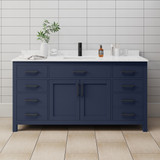 Wyndham WCG242466SBBCCUNSMXX Beckett 66 Inch Single Bathroom Vanity in Dark Blue, Carrara Cultured Marble Countertop, Undermount Square Sink, Matte Black Trim