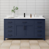 Wyndham WCG242466SBBWCUNSMXX Beckett 66 Inch Single Bathroom Vanity in Dark Blue, White Cultured Marble Countertop, Undermount Square Sink, Matte Black Trim