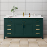 Wyndham WCG242466SGDWCUNSMXX Beckett 66 Inch Single Bathroom Vanity in Green, White Cultured Marble Countertop, Undermount Square Sink, Brushed Gold Trim