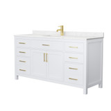 Wyndham WCG242466SWGCCUNSMXX Beckett 66 Inch Single Bathroom Vanity in White, Carrara Cultured Marble Countertop, Undermount Square Sink, Brushed Gold Trim