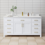 Wyndham WCG242466SWGCCUNSMXX Beckett 66 Inch Single Bathroom Vanity in White, Carrara Cultured Marble Countertop, Undermount Square Sink, Brushed Gold Trim