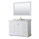Wyndham WCV232348SWGCMUNOM46 Avery 48 Inch Single Bathroom Vanity in White, White Carrara Marble Countertop, Undermount Oval Sink, 46 Inch Mirror, Brushed Gold Trim