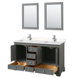Wyndham WCS202060DKGC2UNSM24 Deborah 60 Inch Double Bathroom Vanity in Dark Gray, Light-Vein Carrara Cultured Marble Countertop, Undermount Square Sinks, 24 Inch Mirrors