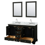 Wyndham WCS202060DDECMUNOM24 Deborah 60 Inch Double Bathroom Vanity in Dark Espresso, White Carrara Marble Countertop, Undermount Oval Sinks, and 24 Inch Mirrors