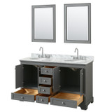 Wyndham WCS202060DKGCMUNOM24 Deborah 60 Inch Double Bathroom Vanity in Dark Gray, White Carrara Marble Countertop, Undermount Oval Sinks, and 24 Inch Mirrors