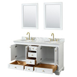Wyndham WCS202060DWGCMUNOM24 Deborah 60 Inch Double Bathroom Vanity in White, White Carrara Marble Countertop, Undermount Oval Sinks, Brushed Gold Trim, 24 Inch Mirrors