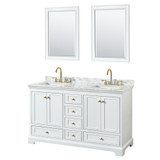 Wyndham WCS202060DWGCMUNSM24 Deborah 60 Inch Double Bathroom Vanity in White, White Carrara Marble Countertop, Undermount Square Sinks, Brushed Gold Trim, 24 Inch Mirrors