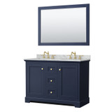 Wyndham WCV232348DBLCMUNOM46 Avery 48 Inch Double Bathroom Vanity in Dark Blue, White Carrara Marble Countertop, Undermount Oval Sinks, 46 Inch Mirror