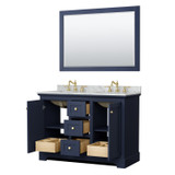 Wyndham WCV232348DBLCMUNOM46 Avery 48 Inch Double Bathroom Vanity in Dark Blue, White Carrara Marble Countertop, Undermount Oval Sinks, 46 Inch Mirror