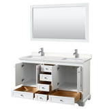 Wyndham WCS202060DWHC2UNSM58 Deborah 60 Inch Double Bathroom Vanity in White, Light-Vein Carrara Cultured Marble Countertop, Undermount Square Sinks, 58 Inch Mirror