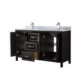 Wyndham WCV252560DDECMUNSMXX Daria 60 Inch Double Bathroom Vanity in Dark Espresso, White Carrara Marble Countertop, Undermount Square Sinks, and No Mirror