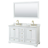 Wyndham WCS202060DWGCMUNSM58 Deborah 60 Inch Double Bathroom Vanity in White, White Carrara Marble Countertop, Undermount Square Sinks, Brushed Gold Trim, 58 Inch Mirror