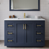Wyndham WCF292948SBLCMUNSM46 Miranda 48 Inch Single Bathroom Vanity in Dark Blue, White Carrara Marble Countertop, Undermount Square Sink, Brushed Gold Trim, 46 Inch Mirror