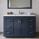 Wyndham WCF292948SBNCMUNSM46 Miranda 48 Inch Single Bathroom Vanity in Dark Blue, White Carrara Marble Countertop, Undermount Square Sink, Brushed Nickel Trim, 46 Inch Mirror