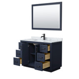 Wyndham WCF292948SBBCMUNSM46 Miranda 48 Inch Single Bathroom Vanity in Dark Blue, White Carrara Marble Countertop, Undermount Square Sink, Matte Black Trim, 46 Inch Mirror