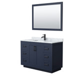 Wyndham WCF292948SBBCMUNSM46 Miranda 48 Inch Single Bathroom Vanity in Dark Blue, White Carrara Marble Countertop, Undermount Square Sink, Matte Black Trim, 46 Inch Mirror
