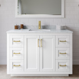 Wyndham WCF292948SWGCMUNSM46 Miranda 48 Inch Single Bathroom Vanity in White, White Carrara Marble Countertop, Undermount Square Sink, Brushed Gold Trim, 46 Inch Mirror