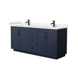 Wyndham WCF292972DBBC2UNSMXX Miranda 72 Inch Double Bathroom Vanity in Dark Blue, Light-Vein Carrara Cultured Marble Countertop, Undermount Square Sinks, Matte Black Trim
