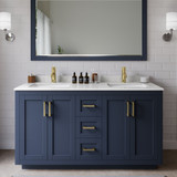 Wyndham WCF292960DBLC2UNSM58 Miranda 60 Inch Double Bathroom Vanity in Dark Blue, Light-Vein Carrara Cultured Marble Countertop, Undermount Square Sinks, Brushed Gold Trim, 58 Inch Mirror