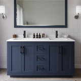 Wyndham WCF292960DBBWCUNSM58 Miranda 60 Inch Double Bathroom Vanity in Dark Blue, White Cultured Marble Countertop, Undermount Square Sinks, Matte Black Trim, 58 Inch Mirror
