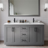 Wyndham WCF292960DGBC2UNSM58 Miranda 60 Inch Double Bathroom Vanity in Dark Gray, Light-Vein Carrara Cultured Marble Countertop, Undermount Square Sinks, Matte Black Trim, 58 Inch Mirror